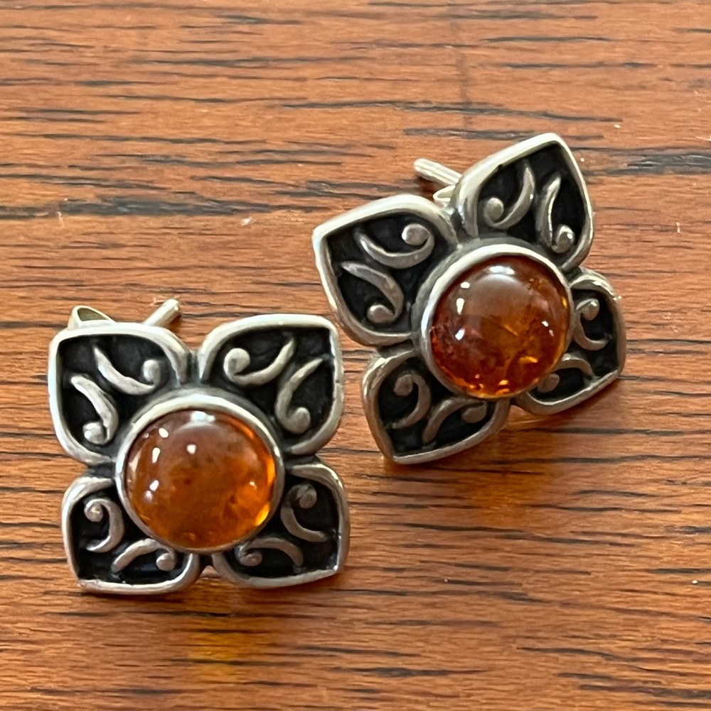 Sterling Silver and Amber Floral Post Earrings